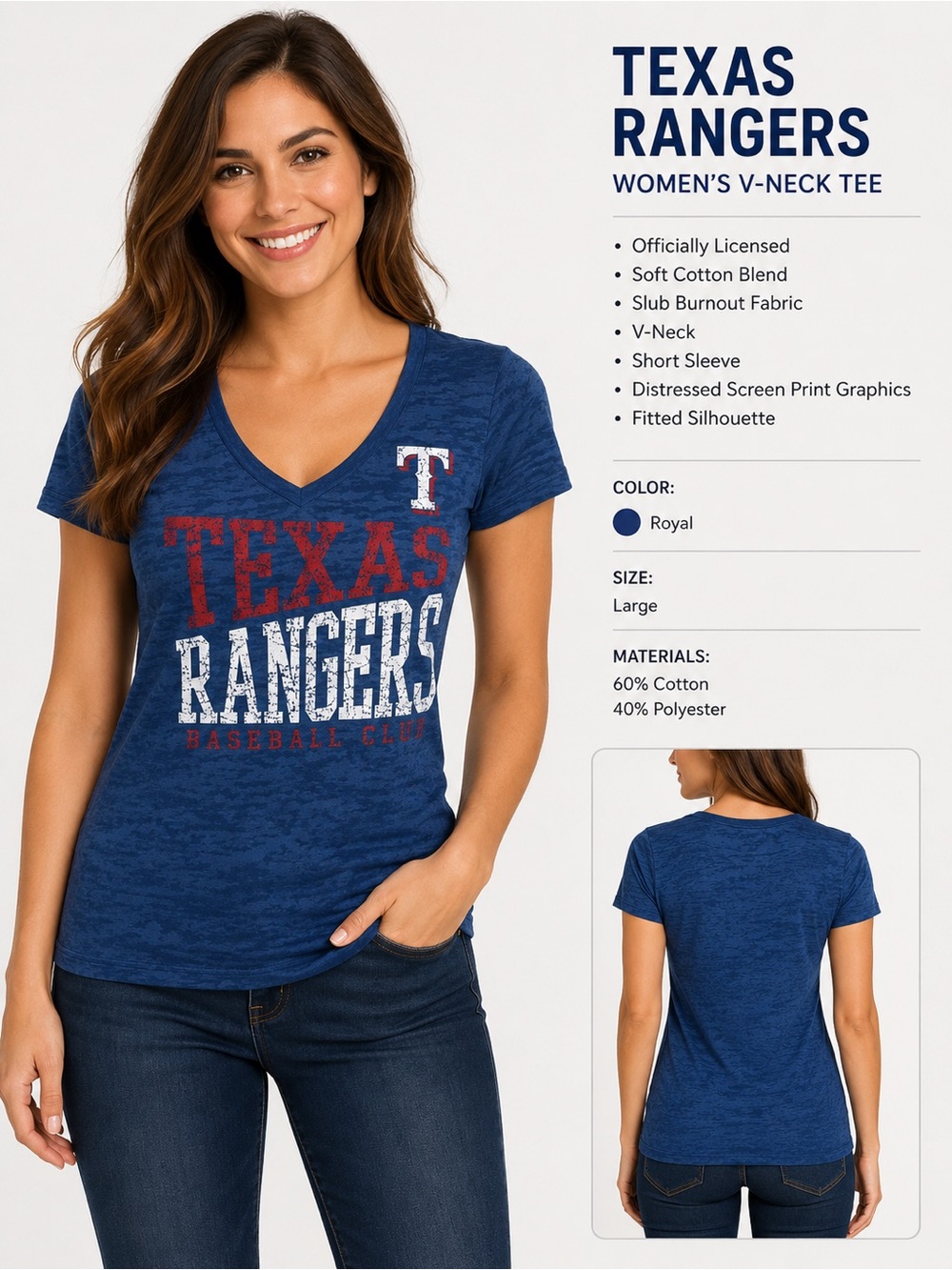 Texas Rangers Women’s V-Neck Tee - Royal